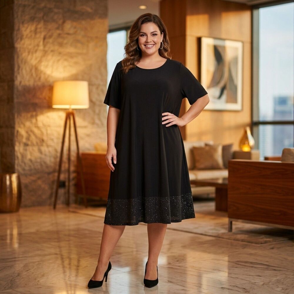 Tiana B. Black Short Sleeve Sparkly Glitter Hem Dress - Size 3X